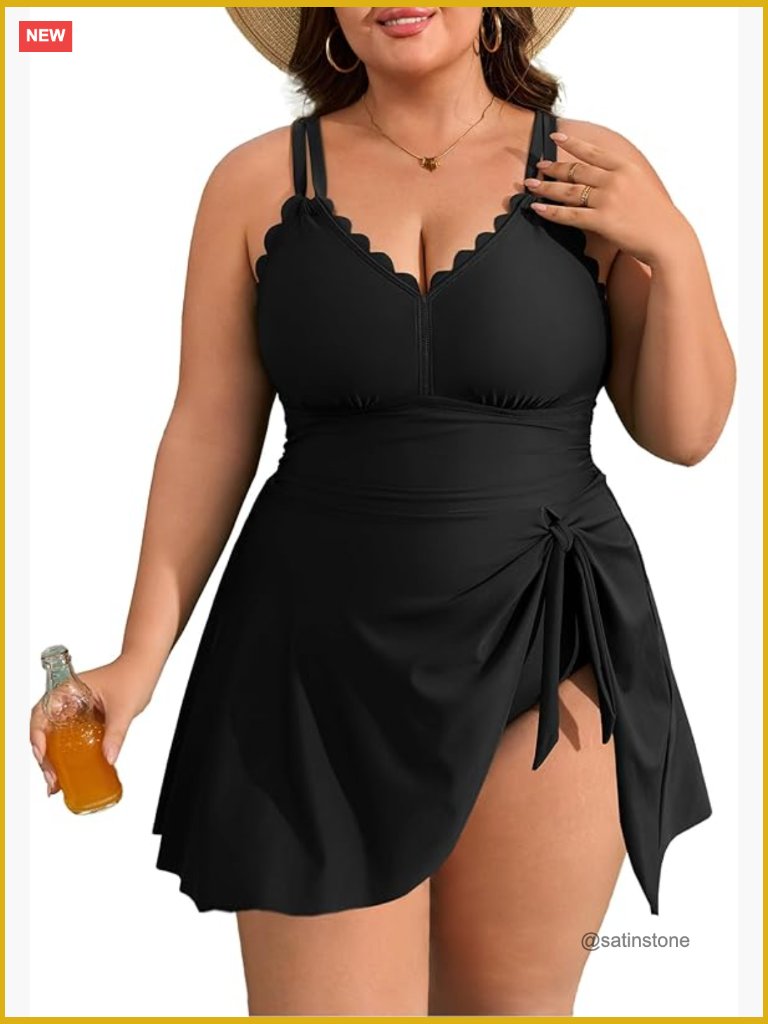 Plus Size Swim Dress One Piece Tummy Control Ruched Bathing Suit Scalloped Neck